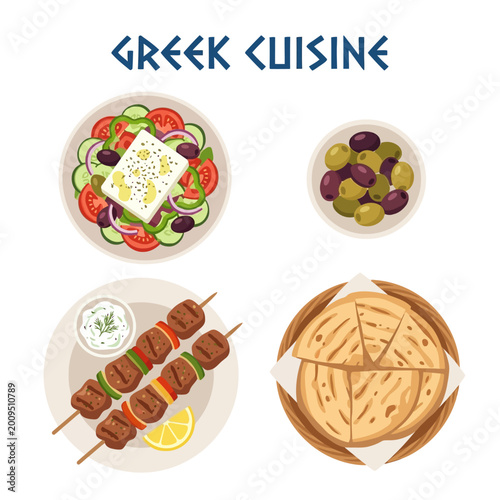 Vászonkép A colorful assortment of delicious Greek cuisine, including a fresh Greek salad,