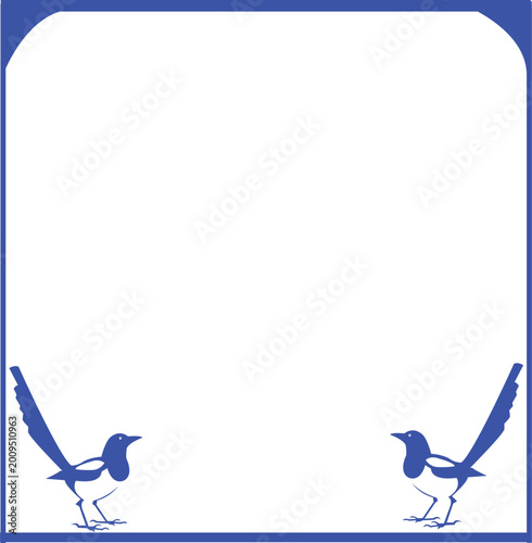Fotografia Charming blue and white graphic frame featuring two perky magpies perched on a b