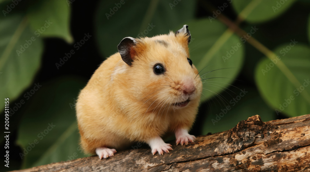 Fototapeta premium Small cute hamster sits on a rough wood branch with soft green foliage background. Tiny rodent with fur looks forward, its small paws visible on log. Animal theme.