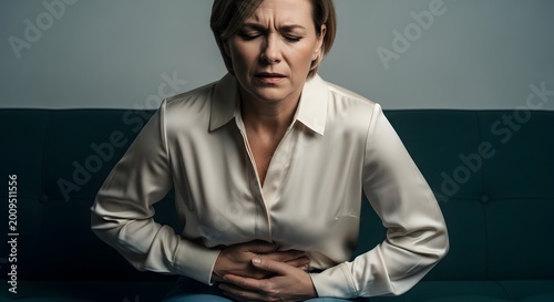 Woman holding her stomach in discomfort on a dark couch