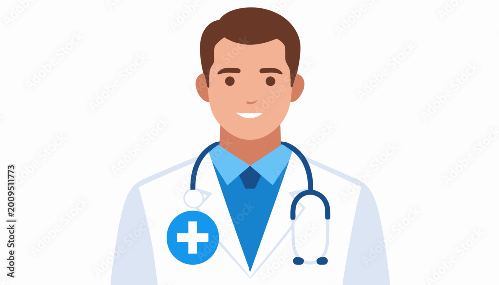 Fototapeta premium Smiling professional male doctor character illustration, symbolizing healthcare, medical consultation, and expert advice for health and wellness services, ready to assist