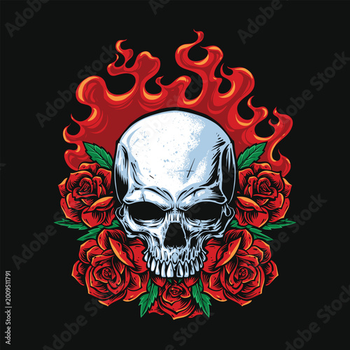 Burning Skull with Roses Tattoo Style Illustration for T-Shirt Design