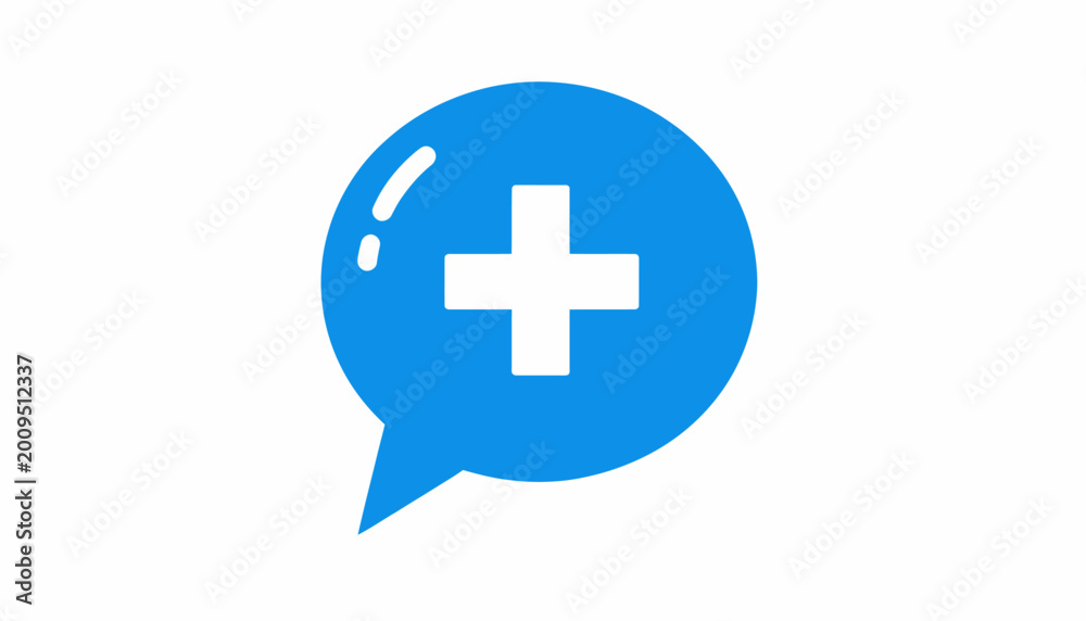 Obraz premium Blue speech bubble with a white plus sign inside, symbolizing adding content or new information in a communication context