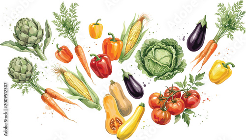 Foto Fresh Harvest Vegetable Collection Featuring Artichokes, Corn, Peppers, Tomatoes