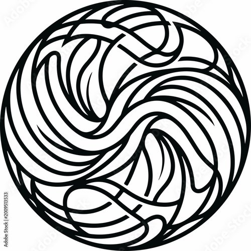 Abstract circular design with swirling intertwined black lines.