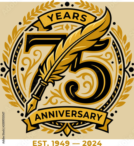 75th Anniversary Celebration Emblem with Feather Quill Pen.