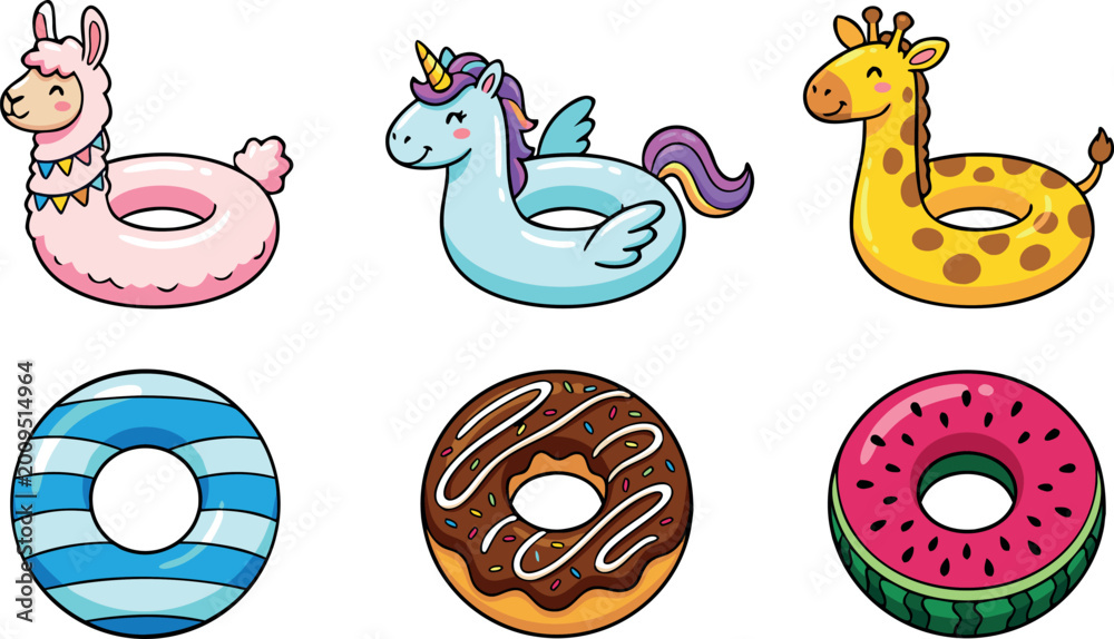 Fototapeta premium Colorful Inflatable Swimming Rings Set Featuring Cute Animals And Food Designs For Summer Pool Party Vector Illustration