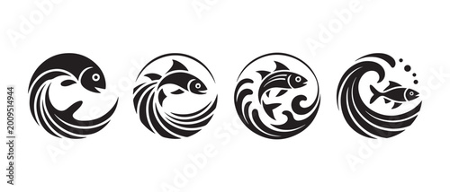 Fish jumping through ocean waves icons. in black silhouette style on white background.