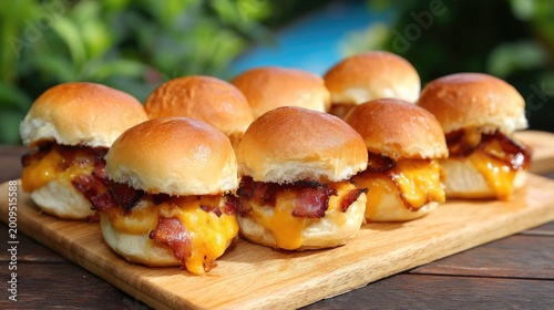 Delicious mini burgers with melted cheese and crispy bacon on a wooden cutting board surrounded by greenery in a sunny outdoor setting