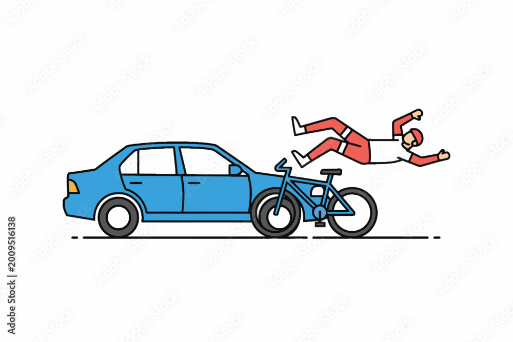 Naklejka premium Car Accident with Bicycle and Cyclist Falling Illustration
