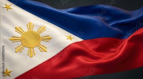Cinematic close-up of the Philippines flag featuring detailed embroidery of the golden sun and stars, waving gracefully as a symbol of Filipino pride, sovereignty, and national heritage.