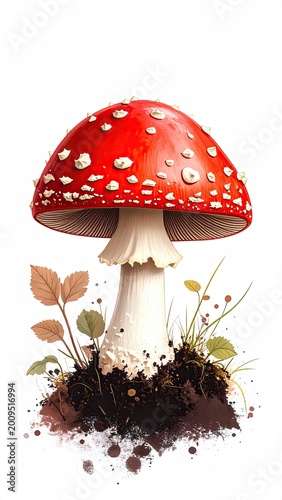 Vibrant red mushroom with white spots, a symbol of forests, on dark soil