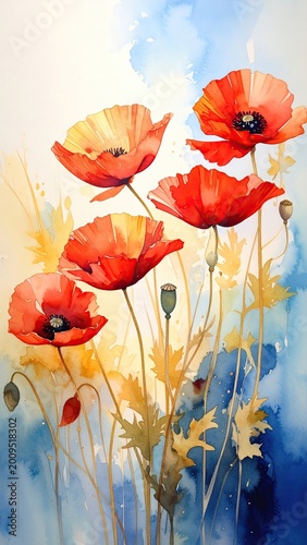Vibrant red poppies bloom amidst a watercolor wash of blue and yellow