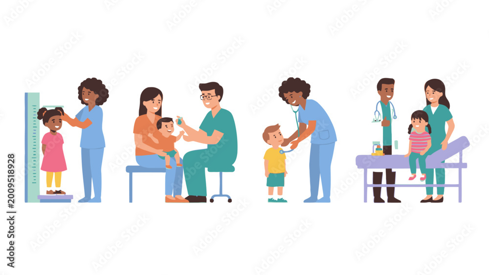 Fototapeta premium Pediatrician examining children in medical clinic vector set