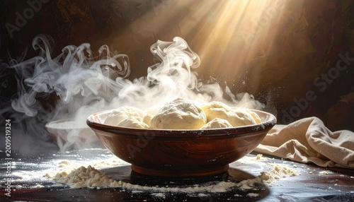 Steaming dough balls in a bowl, illuminated by warm sunbeams, wisps of smoke