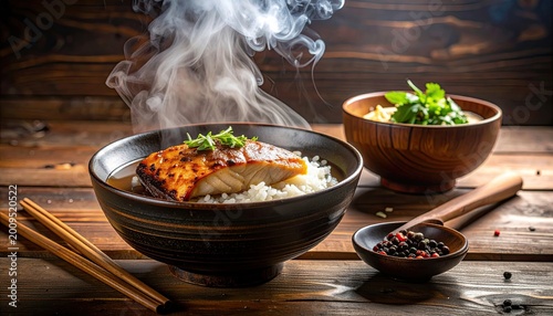 Steaming fish over rice in a bowl, garnished with herbs