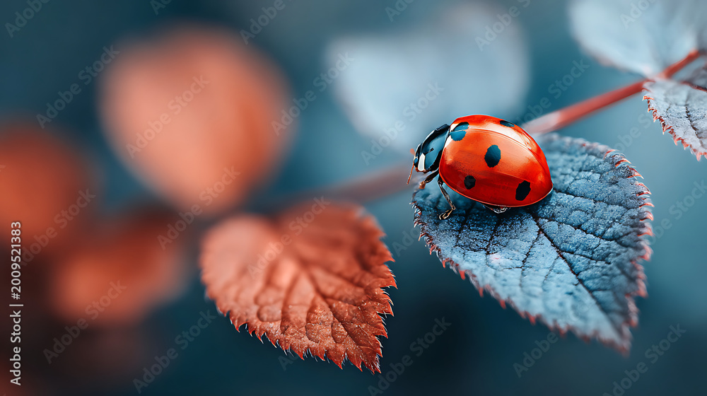 Fototapeta premium Ladybug on a leaf in macro shows intricate details of legs and antennae against a soft blurred background.