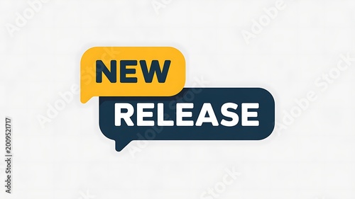 New release announcement, speech bubbles, notification icons, yellow and blue text