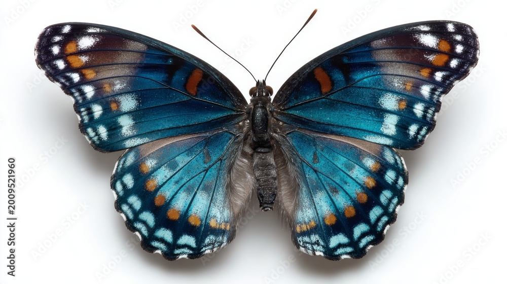 Obraz premium Vibrant blue tropical butterfly isolated on white background with colorful iridescent wings, detailed exotic insect macro photography, delicate natural beauty and elegant wildlife closeup concept
