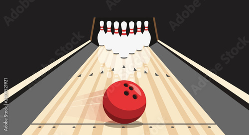 Red Bowling Ball Rolling Towards White Bowling Pins on Lane.