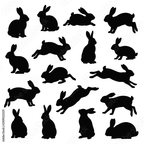 Silhouette Collection of Rabbits in Various Poses.