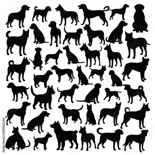Silhouette Collection of Various Dog Breeds in Vector Format.