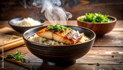 Steaming glazed fish fillet served over rice in a dark bowl, garnished with chives