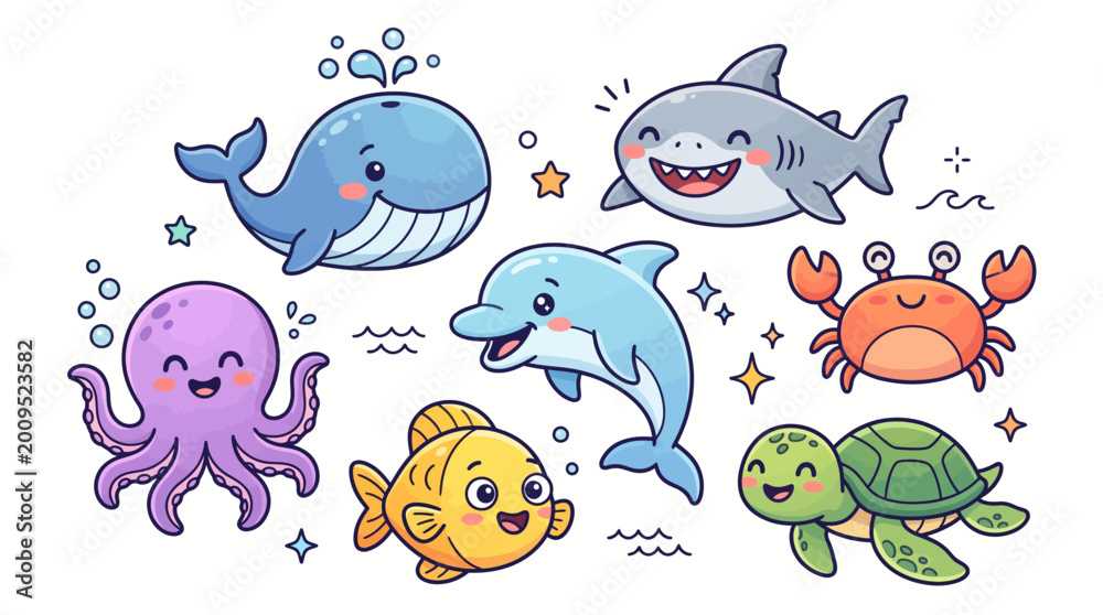 Fototapeta premium Cute collection of cartoon sea animals including whale, shark, dolphin, octopus, turtle, crab and fish on white background, perfect for kids stickers, nursery decor and educational material