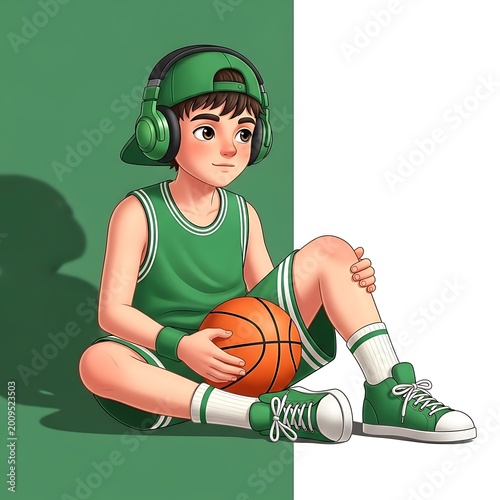 Cartoon boy sitting crosslegged wearing green headphones and holding basketball