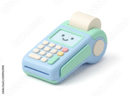Cute cartoonish payment terminal with a happy face, perfect for small business marketing materials or financial illustrations
