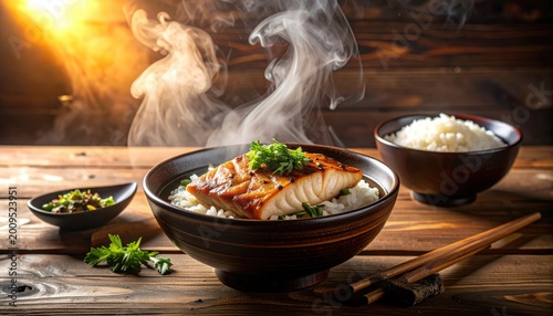 Steaming glazed fish on rice with garnishes, bathed in warm light