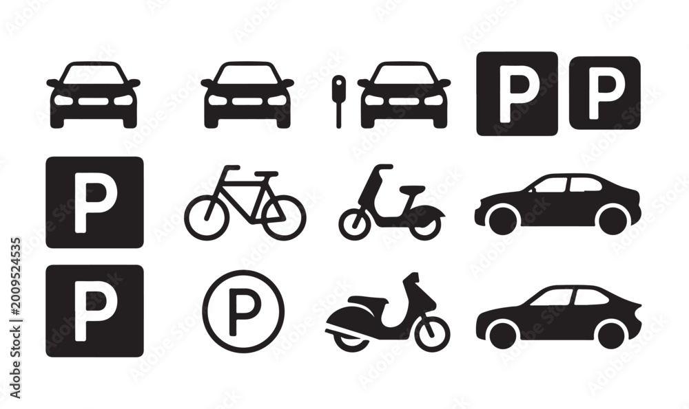 Fototapeta premium Professional set of vehicle and parking signage icons for urban navigation design systems.