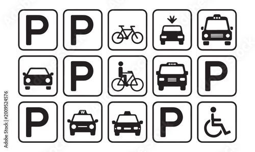 Foto Transportation parking zone icons vector silhouette for taxi bicycle and handicapped access
