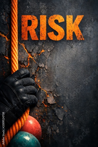 Closeup of black leather glove holding orange rope with colorful balls on cracked dark wall with risk text