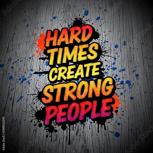 Hard times create strong people motivational quote on gray wooden background with colorful paint splatters