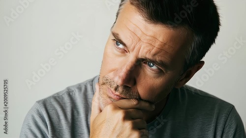A portrait of a middle-aged man deep in thought with a sharp gaze.