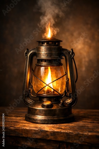 Old metal lantern with flame and smoke on wooden table indoors