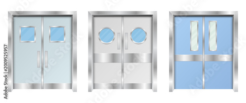 Set of three double doors in light blue, white and blue tones with metal frames.