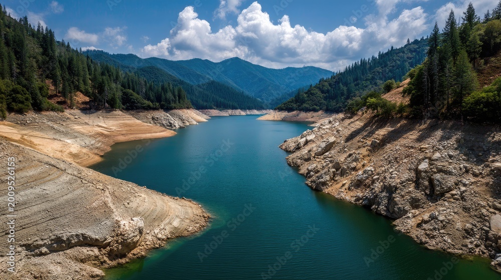 Obraz premium Serene View of a Water Reservoir Surrounded by Trees and Mountains Under a Bright Blue Sky with Fluffy Clouds Hovering Above the Landscape