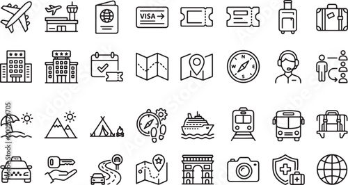 Set of travel and tourism line icons including airplane passport visa transport hotel map and vacation elements vector illustration