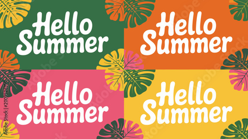 Bild auf Leinwand A vibrant design features the phrase hello summer repeated across four colorfull