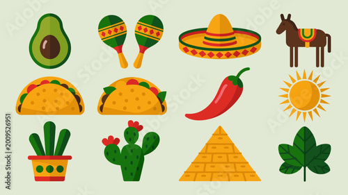 A vibrant collection of iconic mexican imagery is displayed including food items traditional instruments and cultural symbols high quality professional detailed modern elegant stylish clean crisp