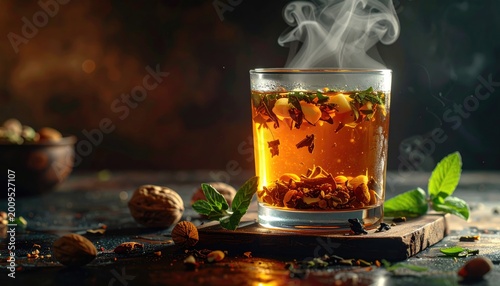 Steaming herbal tea in glass, infused with spices and mint, walnuts nearby