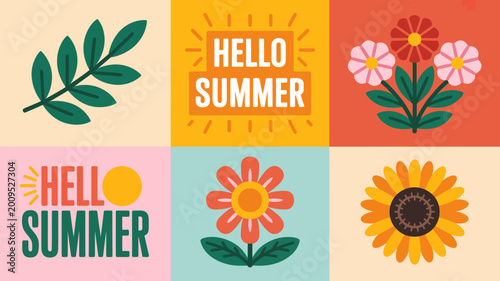 Tableau sur toile A vibrant geometric illustration depicts summer themes with stylized floral arra