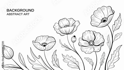 Cuadro en lienzo A delicate black and white illustration features several poppy flowers in bloom