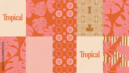 A vibrant patchwork of tropical themed patterns and colors including monstera leaves circles and stripes high quality professional detailed modern elegant stylish clean crisp colorful digital