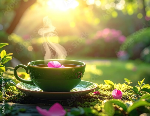 Steaming herbal tea with rose petals in a garden at sunrise