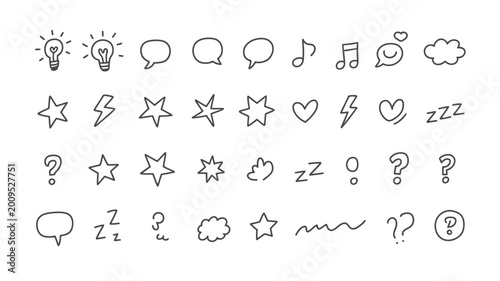 A collection of hand drawn black and white icons depicts ideas communication weather and various abstract doodle elements high quality professional detailed modern elegant stylish clean