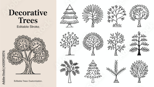 Foto A collection of decorative trees in black and white line art showcasing various