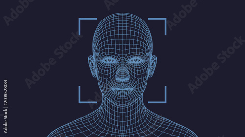 A blue wireframe rendering of a human head and shoulders is presented against a dark navy background showcasing facial recognition technology high quality professional detailed modern